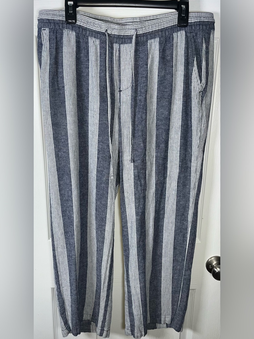 Old Navy Women’s Large Linen Blend Wide Leg Drawstring Pants Blue White Striped